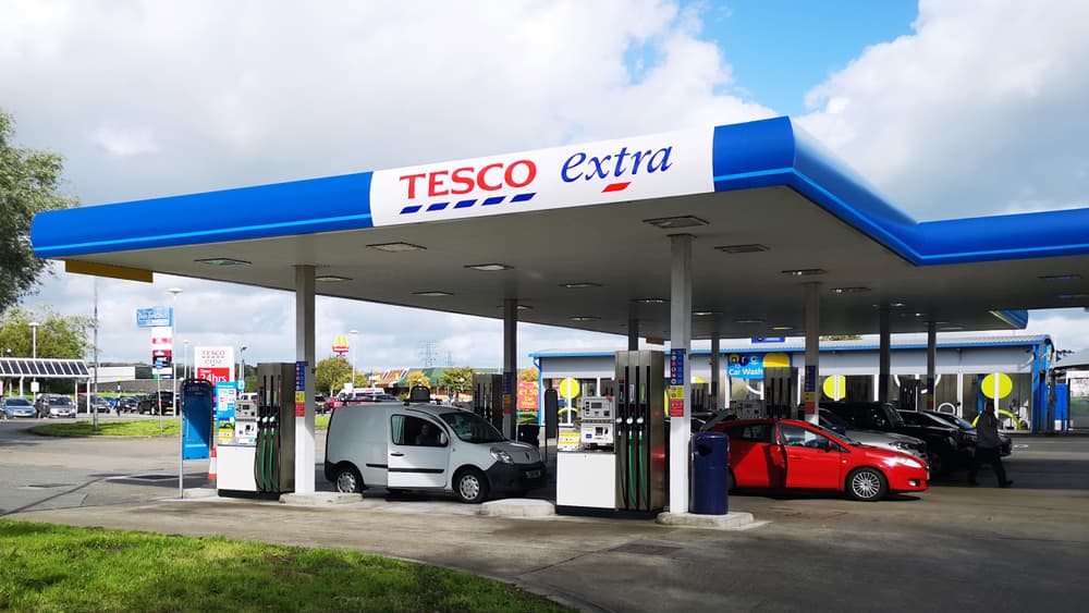 Tesco Extra petrol station forecourt in the UK